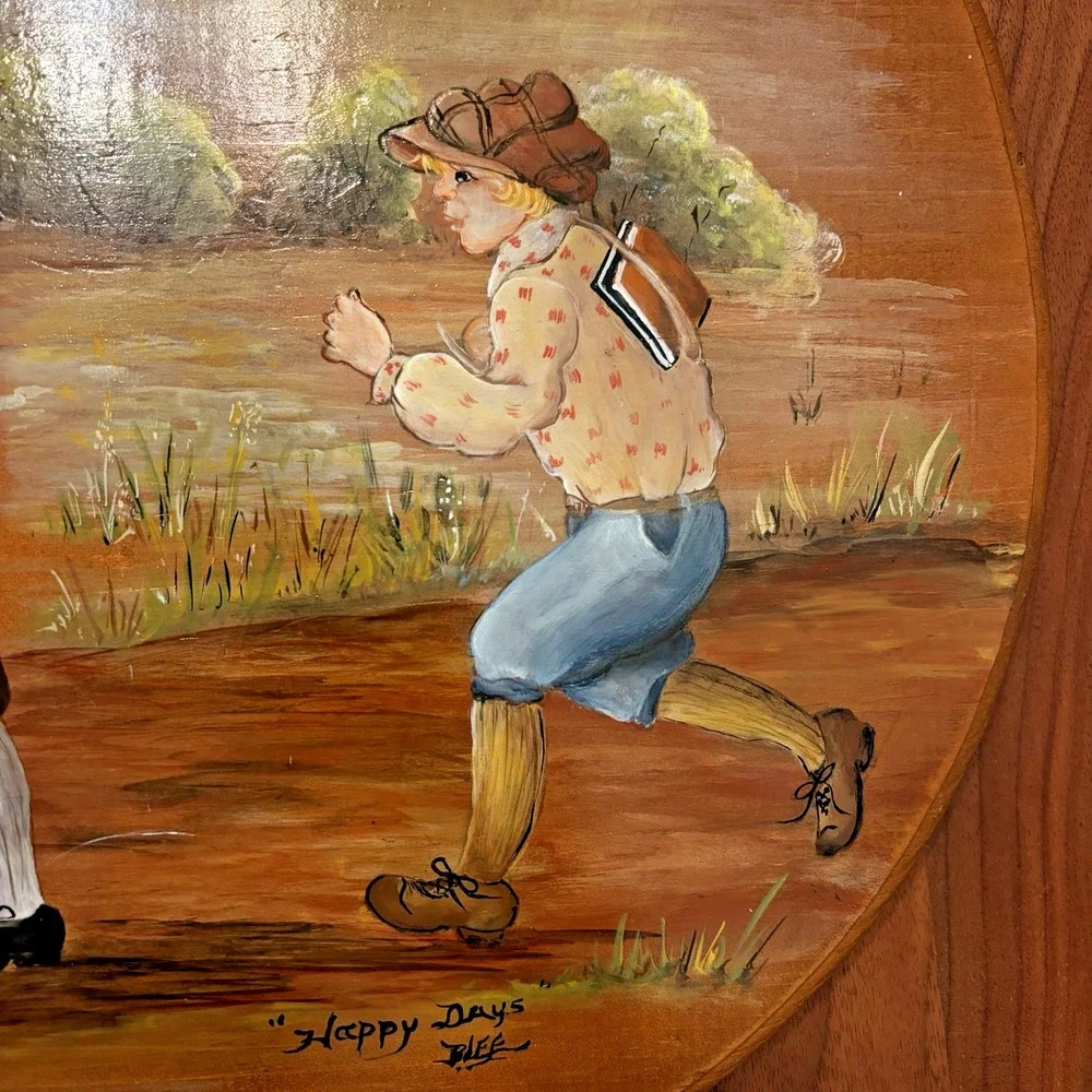 Vintage Bert's Country Woods Hand Painted Wood Plaque Schoolyard Kids Happy Days